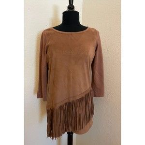 INC Faux Suede 3/4 Sleeve Fringe Sweater - Sz M